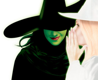The whispering witches art with an illustrated Glinda whispering into Elphaba's ear