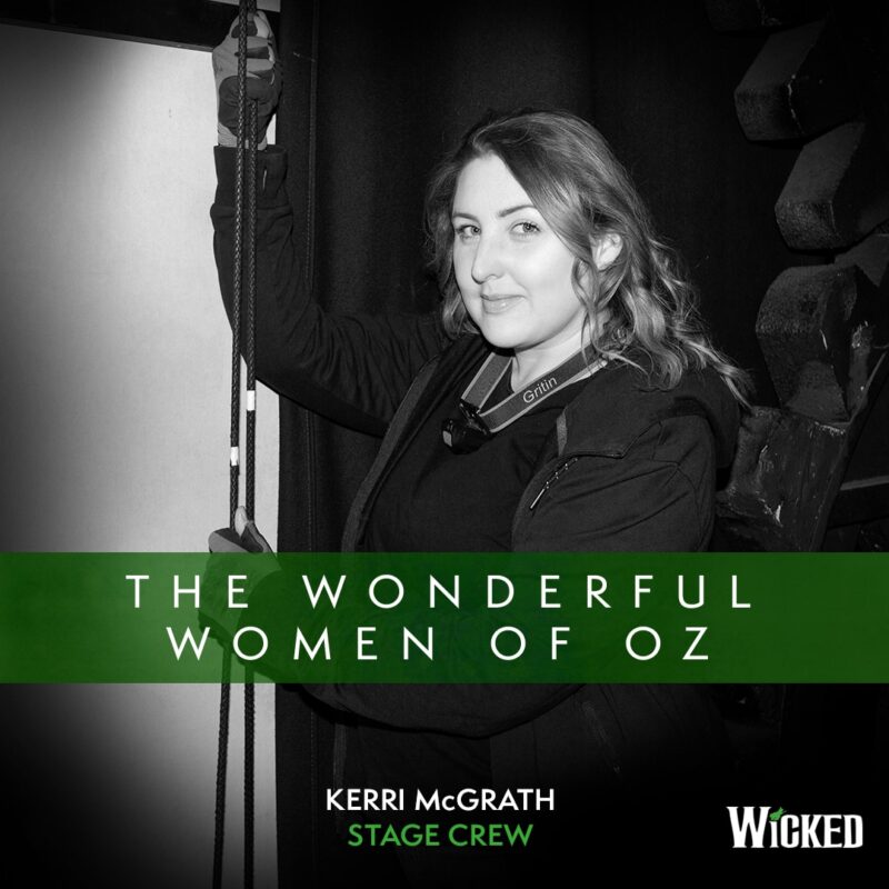 An image of Kerri McGrath, Stage Crew adjusting roping. We see the text "The Wonderful Women of Oz"