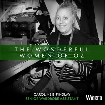 An image of Caroline B-Findlay, Senior Wardrobe Assistant, sewing costumes. We see the text "The Wonderful Women of Oz"