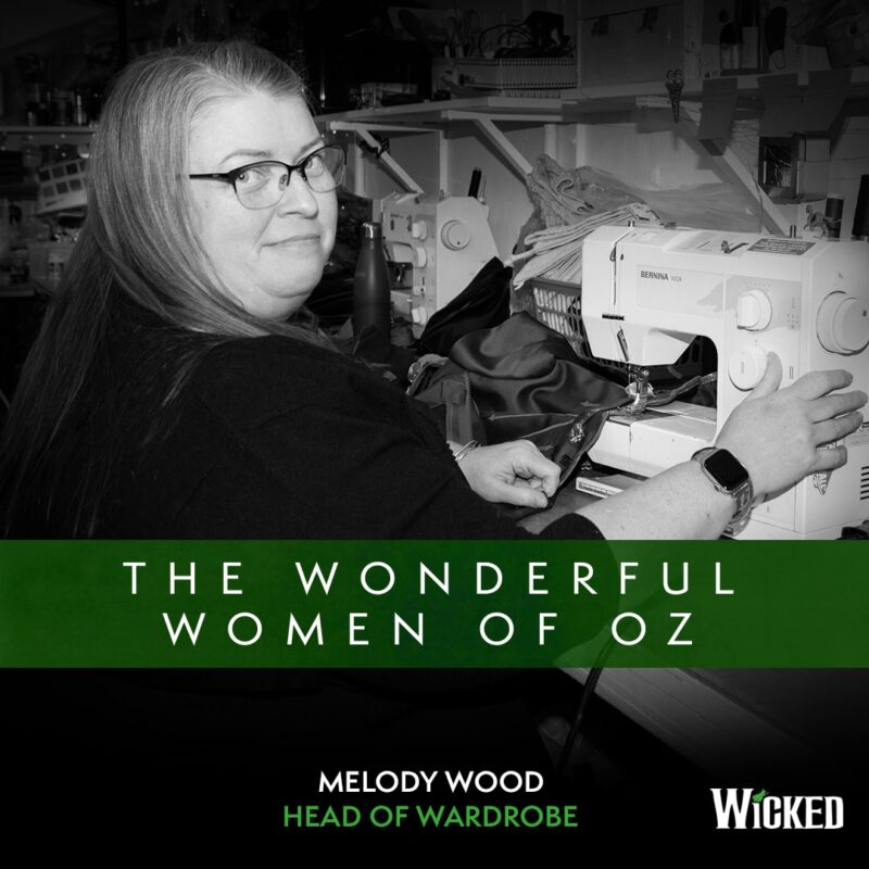 An image of Melody Wood, Head of Wardrobe sewing costumes. We see the text "The Wonderful Women of Oz"
