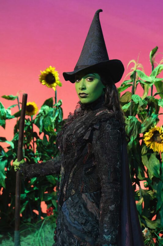 Elphaba in sunflower field with pink sky backdrop wearing black witch hat and black dress
