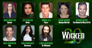 A graphic displaying the headshots of the principals within the Wicked 20th Anniversary Company 