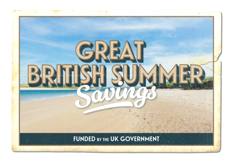 A vintage-style poster with a sunny beach background reads Great British Summer Savings, featuring a nod to Wicked For Good, and Funded by the UK Government at the bottom.